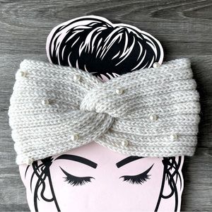Perla Crochet Chunky Knit Wrap Ear‎ Warmer Knotted Twist Headband with Pearls